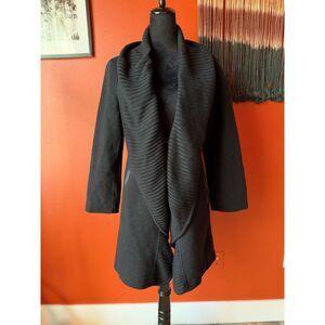 Eileen Fisher Wool Knit Collar Coat Leather Detail in Black Size XS